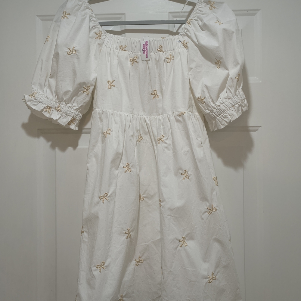 NWT Newvines Cottagecore Boho White  Mini  Lined With Balloon Sleeves Bow Dress